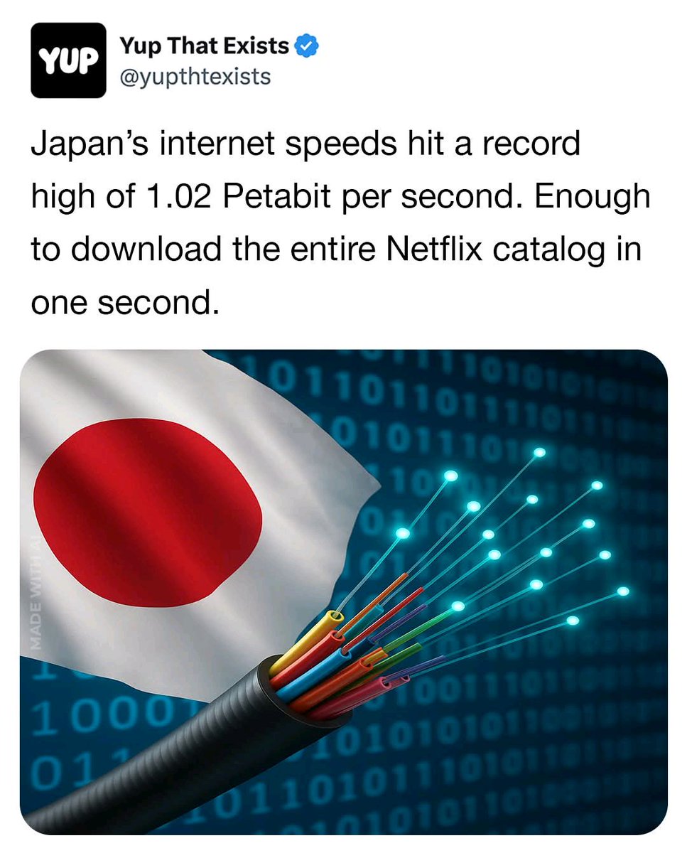 digismarties's tweet image. Japan has achieved internet speeds of 1.02 Petabits per second—enough to download Netflix&apos;s entire catalog in just 1 second! 🚀 How do you see this transforming our daily lives? 🌐 #InternetRevolution #TechNews
