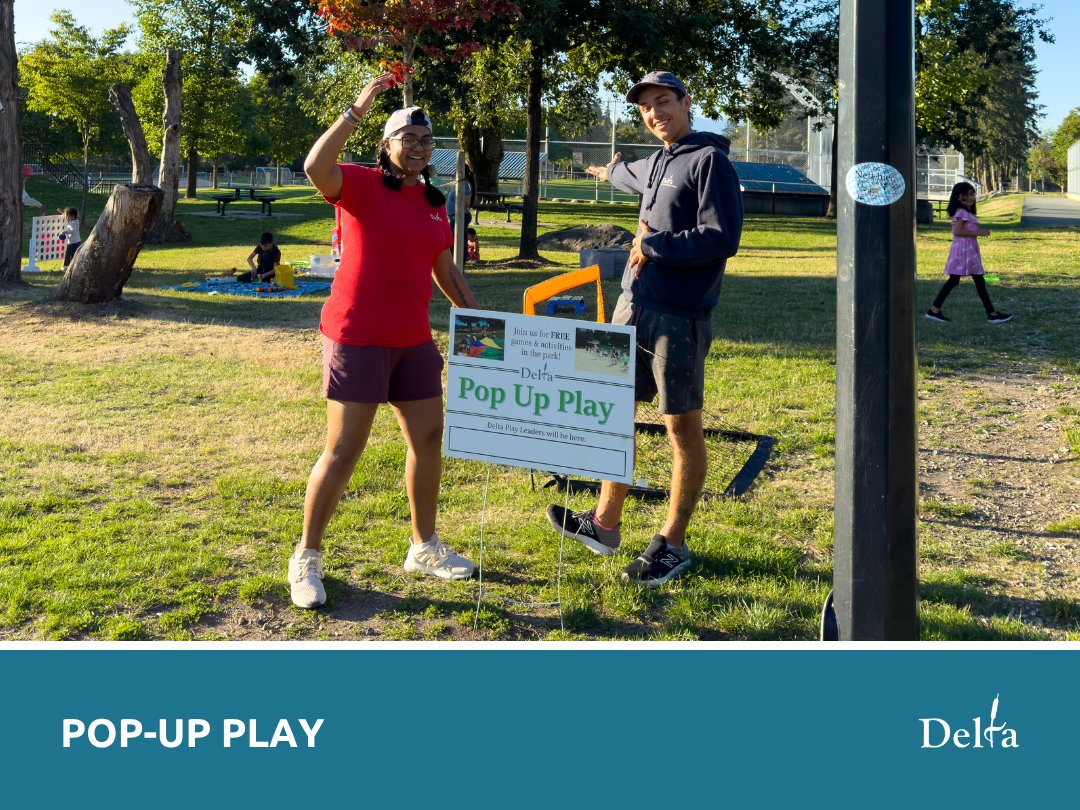 Pop-up play is back at parks throughout Delta this summer! 

Join our playleaders at designated times for free games and activities for children! Children under the age of 7 must be accompanied by an adult.

Find the schedule at Delta.ca/PopUpPlay.