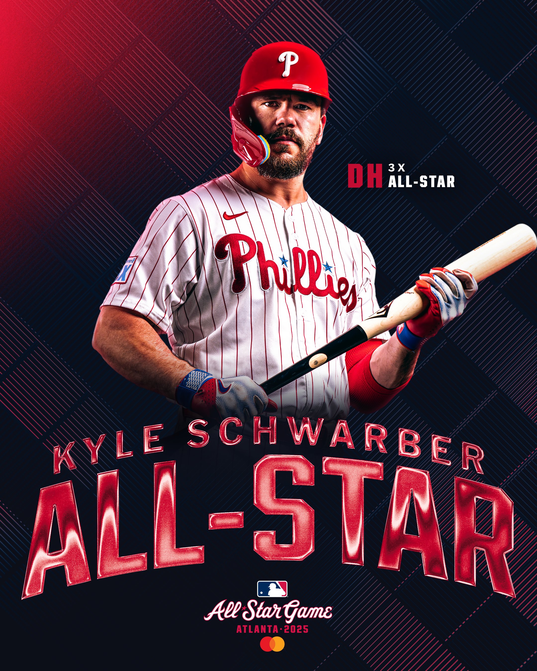 All-Star graphic for Kyle Schwarber. Kyle is pictured wearing the Phillies pinstripe uniform. 