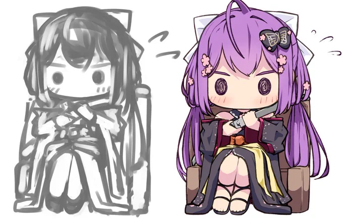 最近の大ラフは、ボケ味のあるブラシ一本で思うさま適当にぐりぐりと描いたり消したり塗ったりしてます。細かいところは気にせず雰囲気で! 鉛筆系のペンで落書きするよりも全体のシルエットや最終形が早めにイメージできるので、お気に入りです