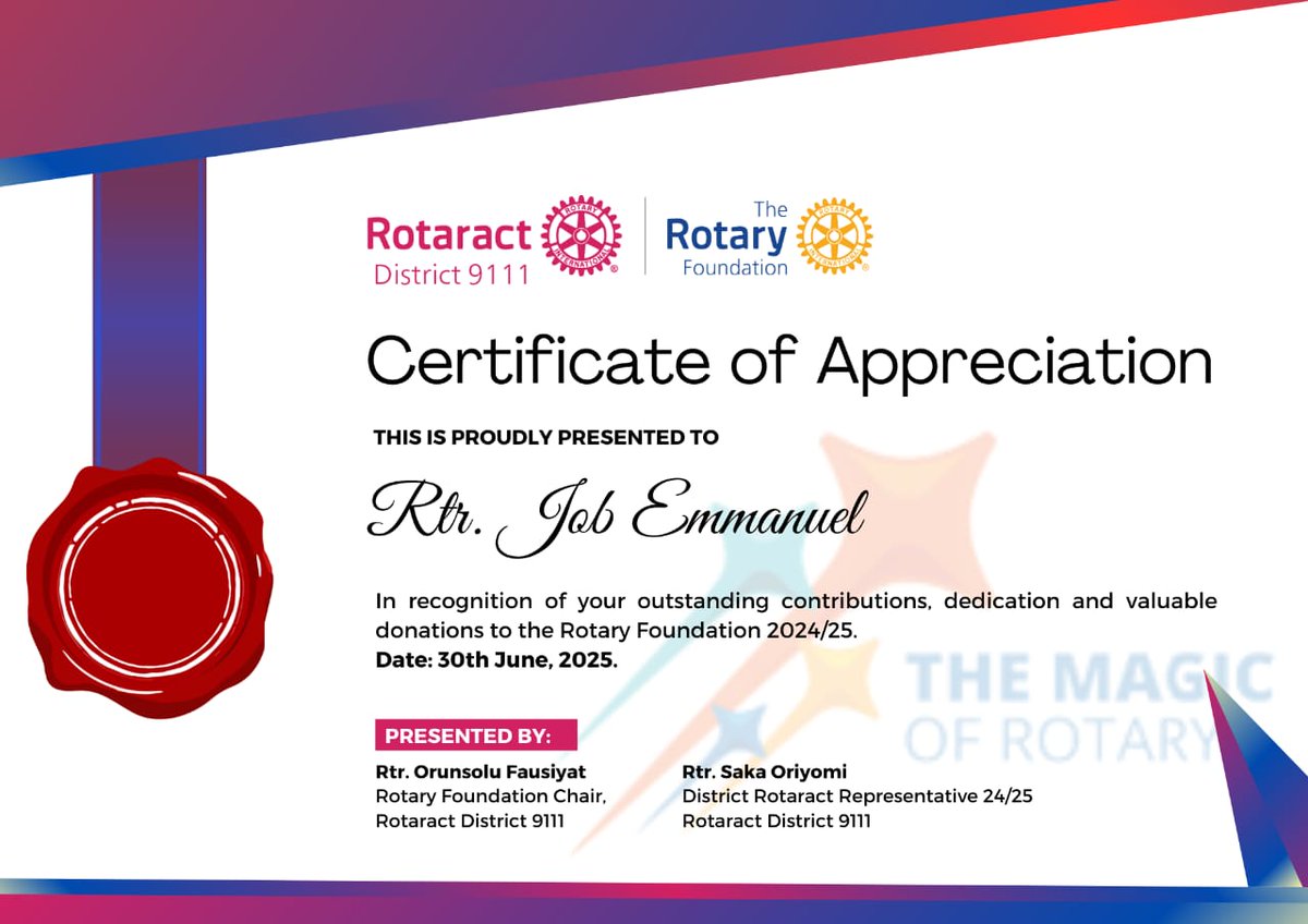 Job_Chris4's tweet image. This one’s for service, growth, and impact! I am honored to receive my Rotary Foundation Certificate of Appreciation today. 💙🌍 #Gratitude #RotaryFoundation #RotaractInAction #Recognition