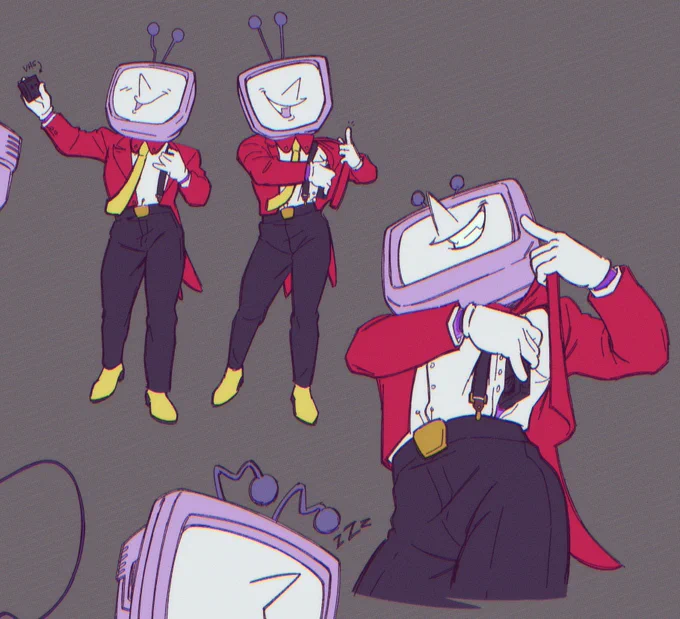 Some more details about his nakie design and some close ups! His shirt has a snap-open side so he can insert vhs and dvds under his coat while live #deltarune #tenna