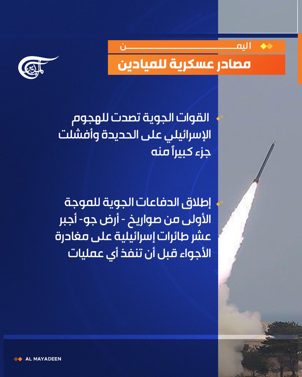 اليمن | مصادر عسكرية للميادين:

📌 القوات الجوية تصدت للهجوم الإسرائيلي على الحديدة وأفشلت جزء كبيراً منه

📌إطلاق الدفاعات الجوية للموجة الأولى من صواريخ - أرض جو- أجبر عشر طائرات إسرائيلية على مغادرة الأجواء قبل أن تنفذ أي عمليات

#الميادين 
#اليمن