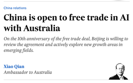 Australia should reject Beijing’s proposal to add AI to the FTA. 

China’s intelligence laws, track record of economic coercion, &amp; authoritarian governance model make such cooperation a strategic liability, not an opportunity.​​​​​​​​​​​​​​​​

x.com/fryan/status/1…