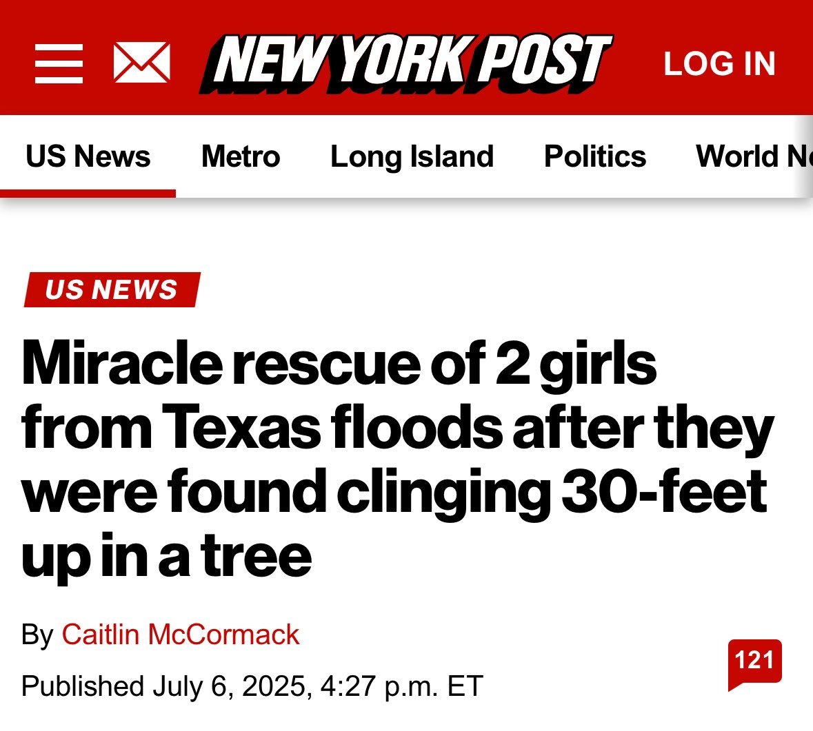 Two of the missing girls from Camp Mystic have been found alive—clinging to each other in a tree 30 feet high.

I’m crying from the combination of joy and grief.
