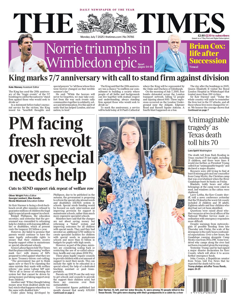 π΅ππππ πΏππππ πππππ’ π° (@ukpapers) on Twitter photo π¬π§ PM Facing Fresh Revolt Over Special Needs Help
β«Senior figures warn that the plans risk becoming βwelfare mark twoβ, as the government insists the changes are not about saving money
β«<a href="/oliver_wright/">Oliver Wright</a> <a href="/GLJourno/">Georgia Lambert (she/her)</a> <a href="/MaxKendix/">Max Kendix</a> <a href="/nicolawoolcock/">Nicola Woolcock</a>
#frontpagestoday #UK <a href="/thetimes/">The Times and The Sunday Times</a> π¬π§ PM Facing Fresh Revolt Over Special Needs Help
β«Senior figures warn that the plans risk becoming βwelfare mark twoβ, as the government insists the changes are not about saving money
β«<a href="/oliver_wright/">Oliver Wright</a> <a href="/GLJourno/">Georgia Lambert (she/her)</a> <a href="/MaxKendix/">Max Kendix</a> <a href="/nicolawoolcock/">Nicola Woolcock</a>
#frontpagestoday #UK <a href="/thetimes/">The Times and The Sunday Times</a>