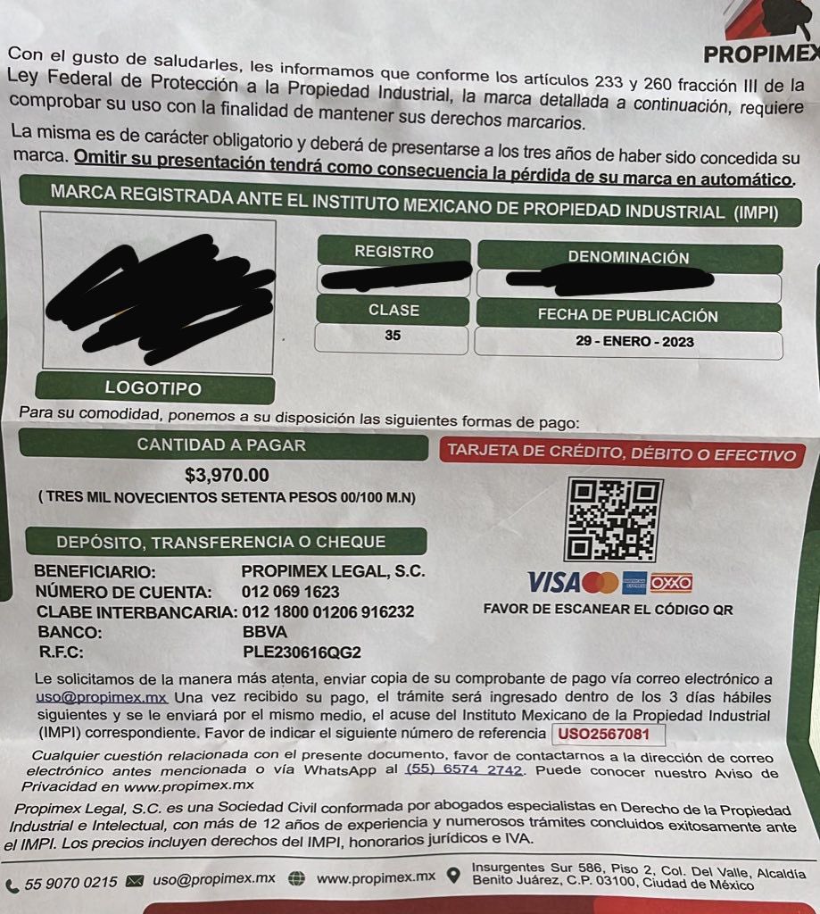Cristina Tenorio (@soycristenorio) on Twitter photo Así como lo informó el <a href="/IMPI_Mexico/">IMPI</a> esta es la carta fraudulenta que envía “PROPIMEX” a domicilio tratando de extorsionar y engañar a quienes tienen alguna marca registrada¡ MUCHO CUIDADO!@i_alaniis <a href="/karlaiberia/">Karla Iberia Sánchez</a> <a href="/PamCerdeira/">Pamela Cerdeira</a> <a href="/VILLALVAZO13/">ALEJANDRO VILLALVAZO 🧠</a> <a href="/LupitaJuarezH/">LupitaJuarez</a> <a href="/anafvega/">Ana Francisca Vega 🌿</a> <a href="/raymundotenorio/">Raymundo Tenorio Aguilar</a> Así como lo informó el <a href="/IMPI_Mexico/">IMPI</a> esta es la carta fraudulenta que envía “PROPIMEX” a domicilio tratando de extorsionar y engañar a quienes tienen alguna marca registrada¡ MUCHO CUIDADO!@i_alaniis <a href="/karlaiberia/">Karla Iberia Sánchez</a> <a href="/PamCerdeira/">Pamela Cerdeira</a> <a href="/VILLALVAZO13/">ALEJANDRO VILLALVAZO 🧠</a> <a href="/LupitaJuarezH/">LupitaJuarez</a> <a href="/anafvega/">Ana Francisca Vega 🌿</a> <a href="/raymundotenorio/">Raymundo Tenorio Aguilar</a>