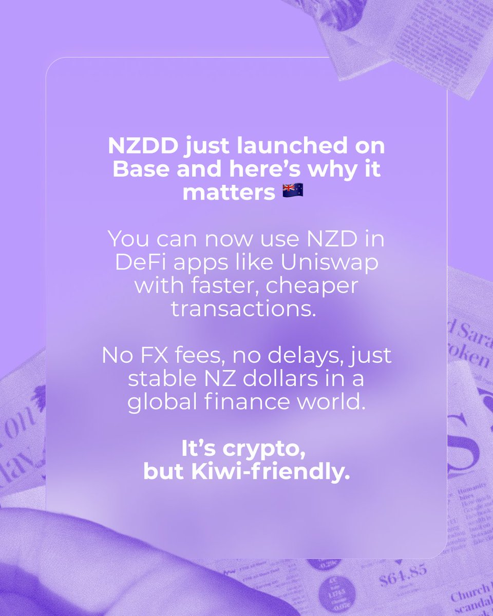 NZDD just launched on Base! 🇳🇿 Now you can use an NZ Dollar stablecoin in DeFi apps like Uniswap with faster, cheaper transactions. No FX fees, no delays.
It’s crypto, but Kiwi-friendly.
🔗nzdd.com/news/expands-d…
