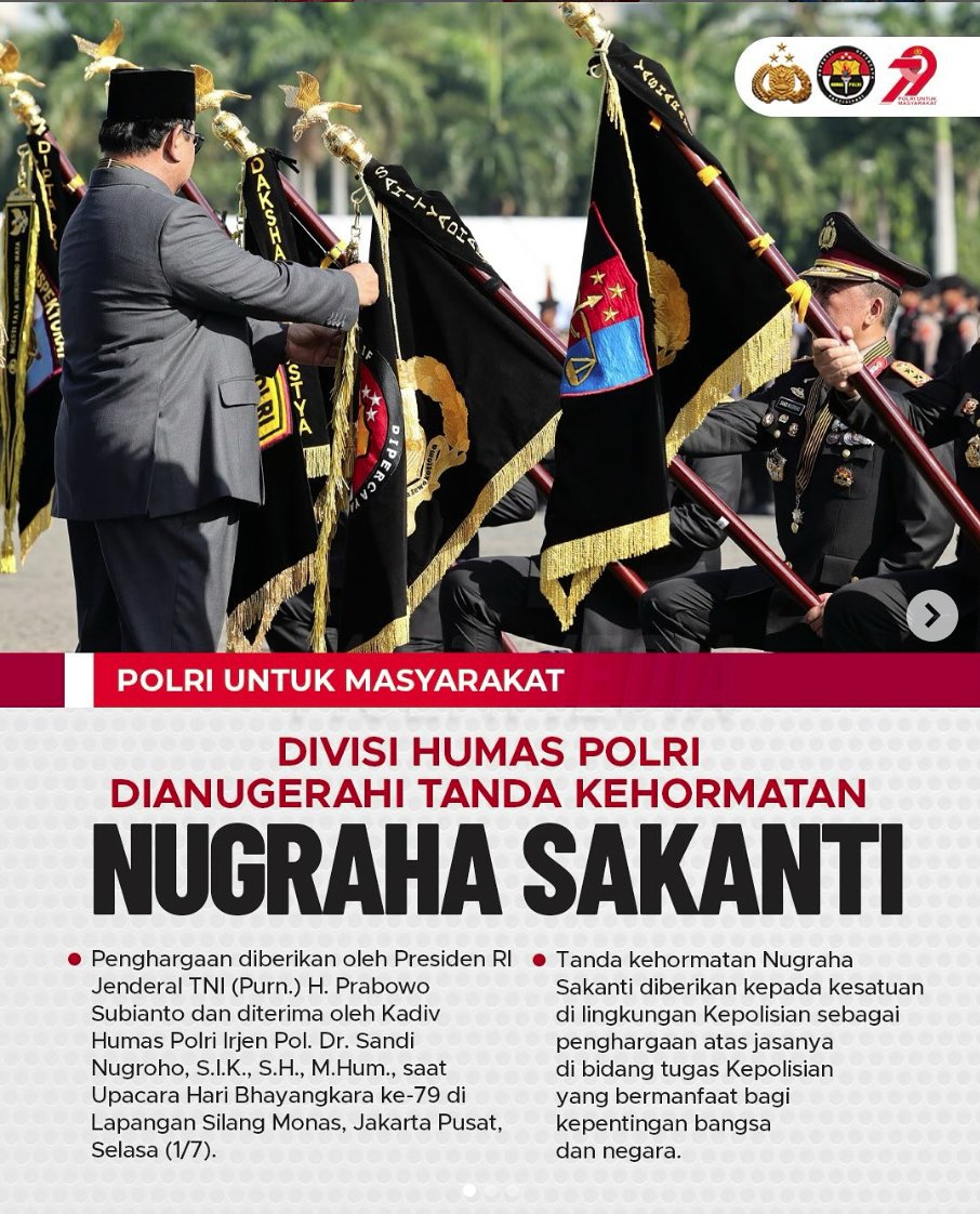 Irjen. Pol. Dr. H. Sandi Nugroho, S.I.K., S.H., M. (@polripresisi) on Twitter photo Terimakasih Divisi Humas Polri dianugerahi tanda kehormatan Nugraha Sakanti oleh Presiden RI Jenderal TNI (Purn.) H. Prabowo Subianto pada puncak perayaan Hari Bhayangkara ke-79 di Lapangan Silang Monas, Jakarta Pusat, Selasa (1/7). <a href="/ShandiNugroho95/">Shandi Nugroho 95</a> Terimakasih Divisi Humas Polri dianugerahi tanda kehormatan Nugraha Sakanti oleh Presiden RI Jenderal TNI (Purn.) H. Prabowo Subianto pada puncak perayaan Hari Bhayangkara ke-79 di Lapangan Silang Monas, Jakarta Pusat, Selasa (1/7). <a href="/ShandiNugroho95/">Shandi Nugroho 95</a>