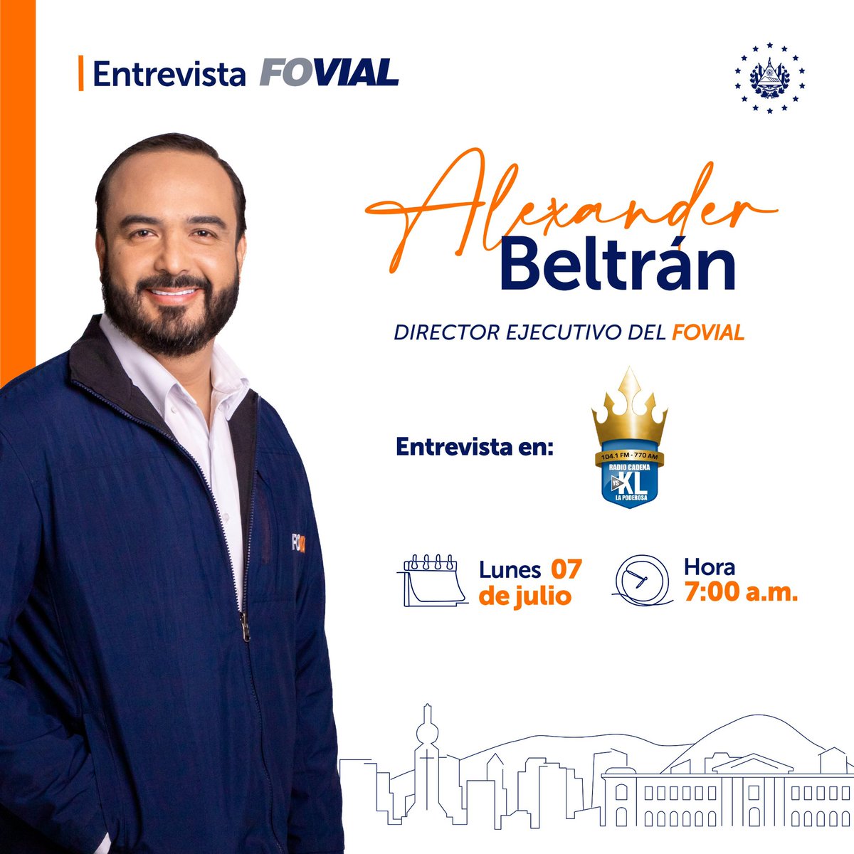 FOVIAL (@fovialito) on Twitter photo Mañana 7 de julio, nuestro director ejecutivo, <a href="/AlexBeltransv/">Alex Beltrán 🇸🇻</a>, participará en la entrevista de <a href="/radioyskl/">Radio YSKL 📻 💻 📲</a>.
Sintonízala a partir de las 7:00 a. m., a través del 104.1 FM. Mañana 7 de julio, nuestro director ejecutivo, <a href="/AlexBeltransv/">Alex Beltrán 🇸🇻</a>, participará en la entrevista de <a href="/radioyskl/">Radio YSKL 📻 💻 📲</a>.
Sintonízala a partir de las 7:00 a. m., a través del 104.1 FM.