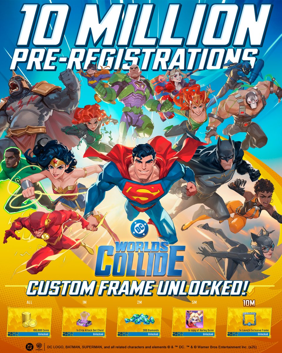 Great work, Everyone! By passing 10 Million pre-registrations for DC Worlds Collide a collection of sweet rewards have been unlocked including a special avatar frame and Elite Harley Quinn!  go.wbgames.com/dcworldscollide  #DCWC  #DCWorldsCollide
