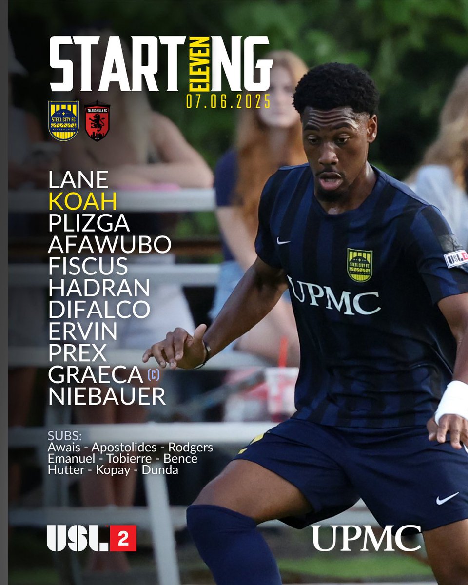 🔵🟡 STARTING XI

60 Minutes until kickoff for our final home fixture! Playoff implications on the line! 

📺 ow.ly/PASM50Wlou8

#SteelCityFC #StrongerTogether #Path2Pro #USL2 #GameTime