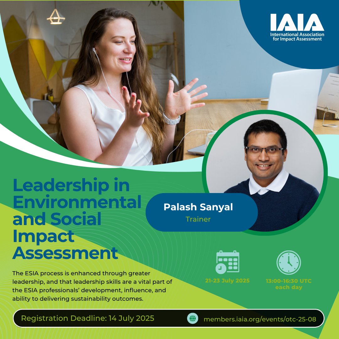 Strong teams need strong leaders.
This IAIA course helps you guide your ESIA team and influence project outcomes.

🗓️ 21–23 July | 🕒 13:00–16:30 UTC
🔗 members.iaia.org/events/otc-25-…
#EIAProjects #LeadershipTraining #IAIAOnline