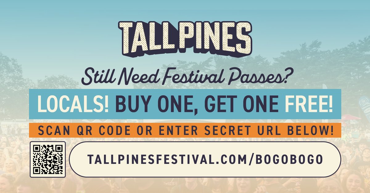 Muskoka411's tweet image. *DEAL ALERT*
Do you have a postal code in Muskoka?
Take advantage of another discount for Muskoka locals! Buy one, get one free GA passes!
Great for friends, family, or colleagues. 
tallpinesfestival.com/bogobogo