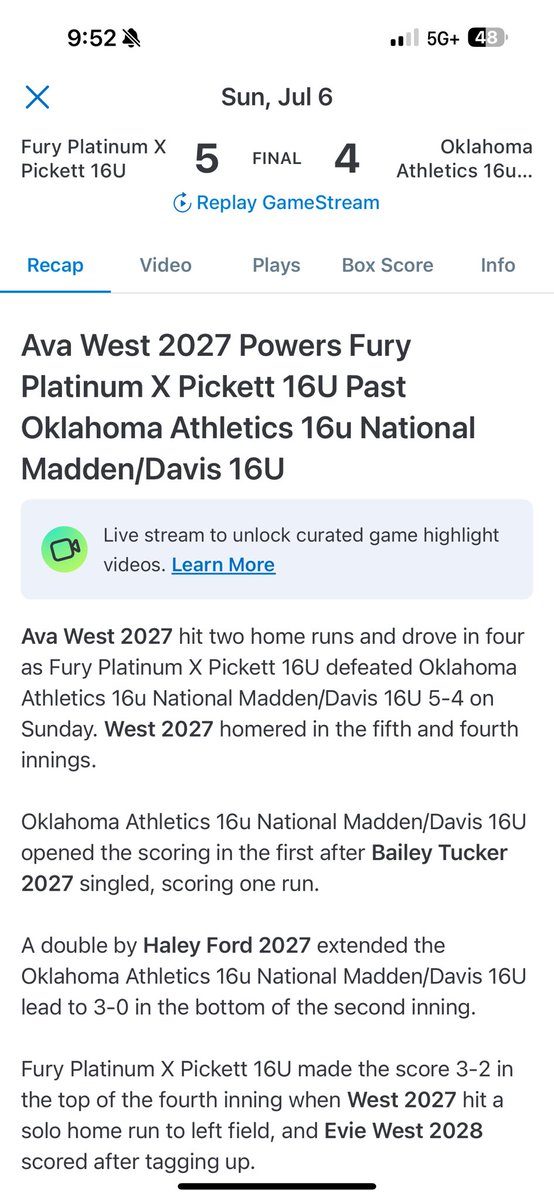 Ava West (@ava13west) on Twitter photo Went down swinging! Our run at <a href="/COSparkFire/">CO 4th of July</a> ended this afternoon T5th in the National Power Pool. So proud of my team for showing some serious grit today! 😤
Proud of my plate appearances all week.
.815 BA .815 OBP 2.259 OPS 1.444 SLG
15 RBIs 4 💣💣💣💣
Next up Alliance Went down swinging! Our run at <a href="/COSparkFire/">CO 4th of July</a> ended this afternoon T5th in the National Power Pool. So proud of my team for showing some serious grit today! 😤
Proud of my plate appearances all week.
.815 BA .815 OBP 2.259 OPS 1.444 SLG
15 RBIs 4 💣💣💣💣
Next up Alliance