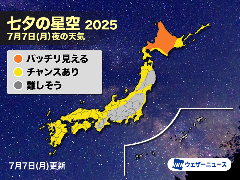 wni_jp's tweet photo. 【七夕】今日は7月7日です。
七夕は一年に一度、織姫と彦星が天の川を渡って会うことを許された日ともいわれ、星に願い事をする風習があります。
例年この時期は梅雨の大雨が多いですが、今日は織り姫と彦星が輝く星空が見られるエリアはあるでしょうか？
https://t.co/EfAzhYoCZ0 https://t.co/KtYMYgyXjh