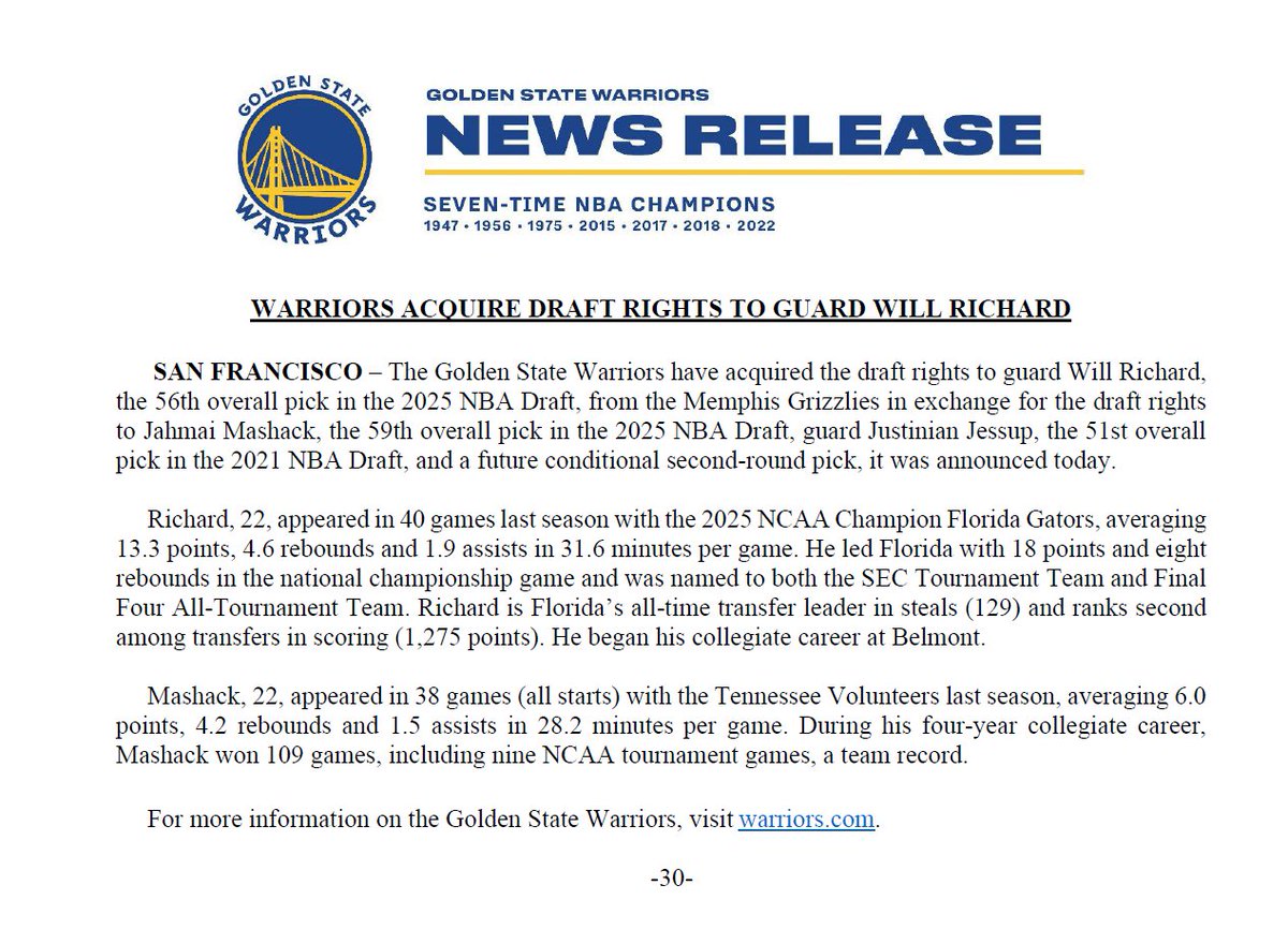 Warriors acquire draft rights to guard Will Richard: