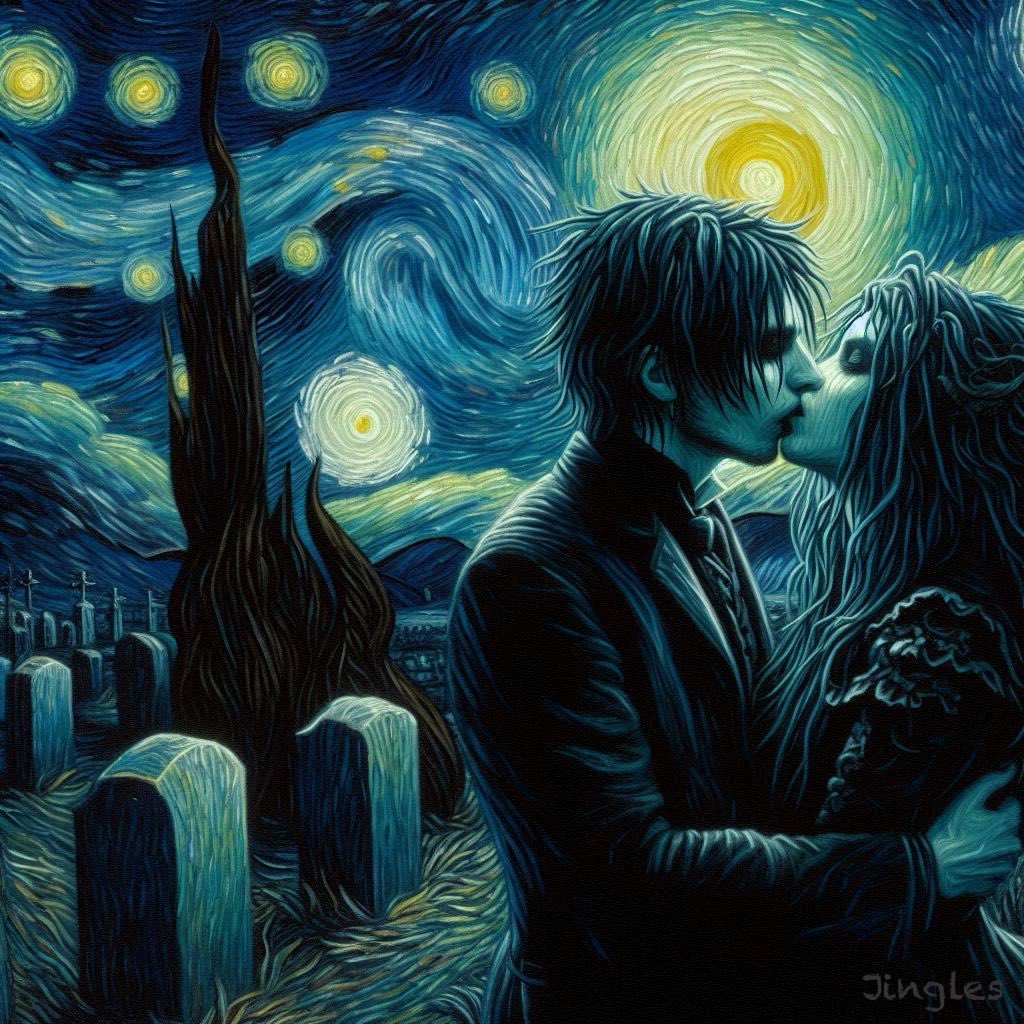 In the cemetery's eerie night, 
Her hand in mine, beneath starlight.
A kiss we steal, where shadows creep,
Our love defies the graves' cold sleep.