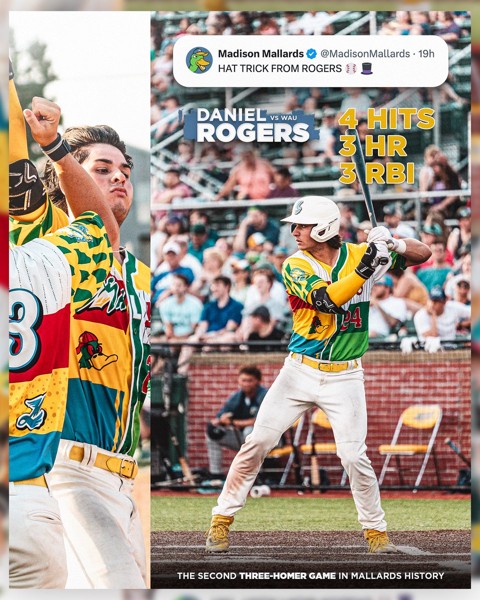 On Friday, Daniel Rogers did something only one other Mallard has ever done before (Owen Jackson, 2023) 

Rogers launched THREE HOME RUNS in one game 🦆✌️