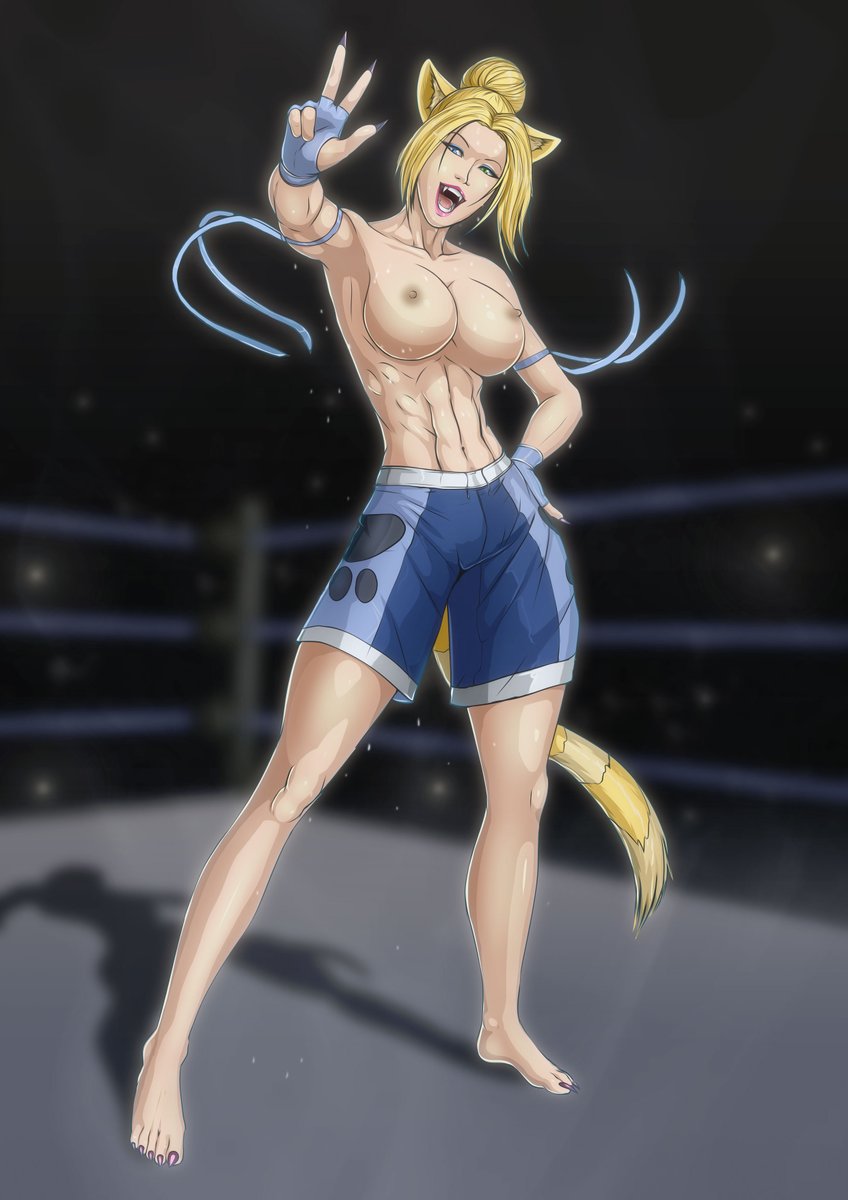 Already worked up a coat of sweat, this kitty is ready to fight.