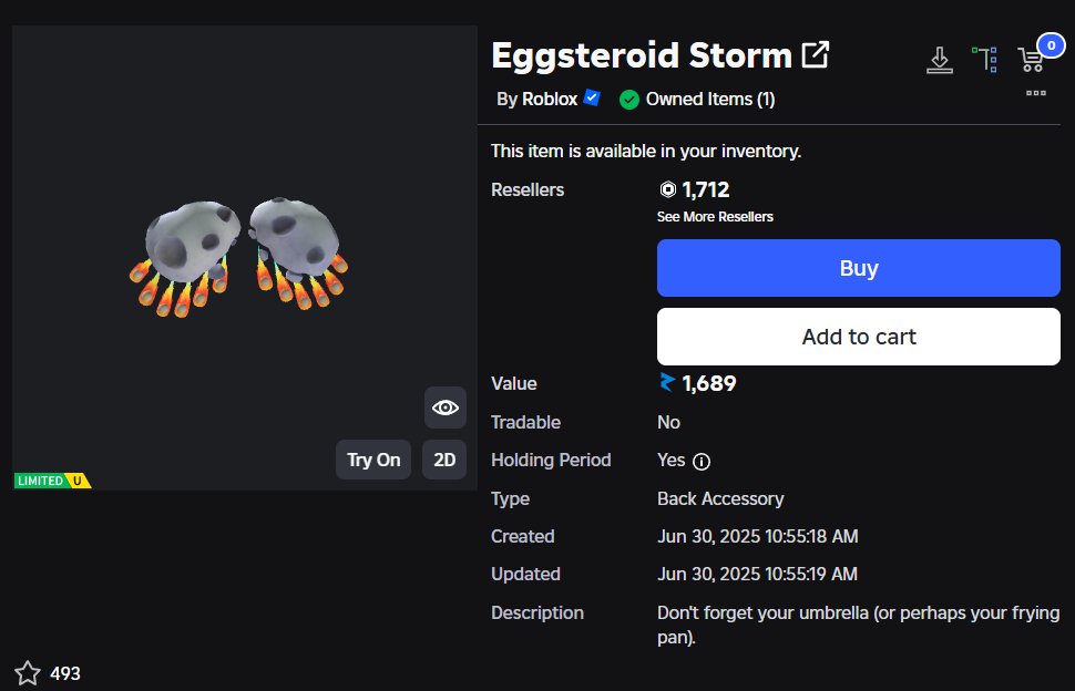 frootroblox's tweet image. The Eggsteroid Storm has officially gone limited, but it&apos;s selling under rap. How do you guys think it will do? These owners are so special selling it for so cheap 😭
#ROBLOX #robloxthehatch #TheHatch #robloxlimiteds #robloxtrading #robloxevent #robloxnews