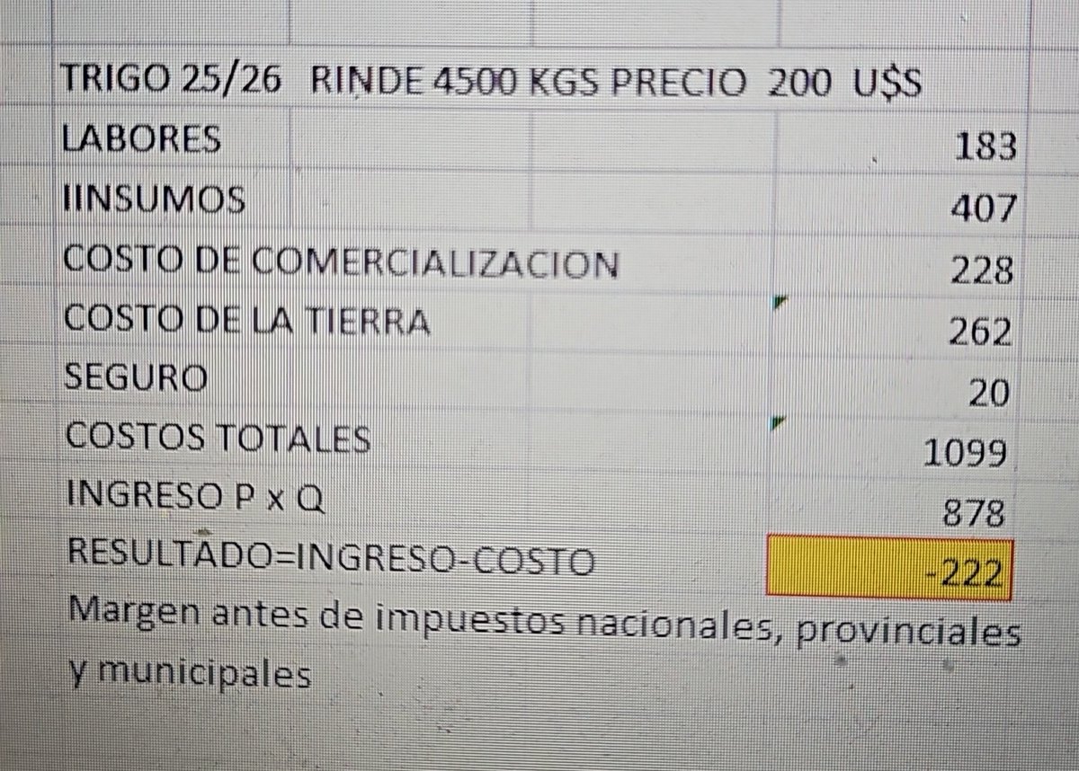 Así que un productor que se está fundiendo  en la zona nucleo puede soportar las Retenciones?
👇 Este es el margen  de un productor en zona nucleo norte de Bs As antes de Impuestos Nacionales, Provinciales y Municipales
