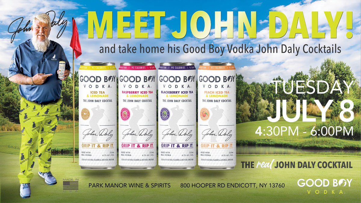 GoodBoy_Vodka's tweet image. Meet @PGA_JohnDaly in just TWO days! 🏌️♂️🍹
We’re headed to Park Manor Wine & Spirits in Endicott, NY this Tuesday, July 8th from 4:30–6:00 PM for an afternoon of autographs, photos, and sips of the real John Daly cocktail.
Tag a friend you want to bring with you 👇
#GoodBoyVodka