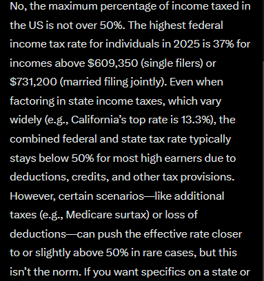 StevenDBT's tweet photo. @dcguinn Is this based on research or just an opinion?  Grok says maximum income tax is generally below 50%: https://t.co/cTJsnvNoHG