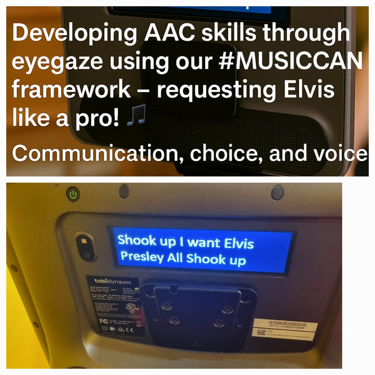 Our client’s been developing AAC skills using eyegaze through our #MUSICCAN framework.

🎶 Requested All Shook Up by Elvis – independently.
Communication, choice, and voice in action.

#AAC #Eyegaze #AssistiveTech #DisabilityInclusion #TechForGood #ElvisPresley  #MUSICCAN #Arts