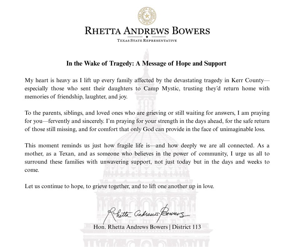 BowersForTexas's tweet image. Praying for the families in Kerr County and all those impacted by the floods—especially the loved ones connected to Camp Mystic. My heart is with you. We’re lifting you in prayer and standing with you in this time of unimaginable loss #CampMystic #TexasStrong #PrayersForKerrCo