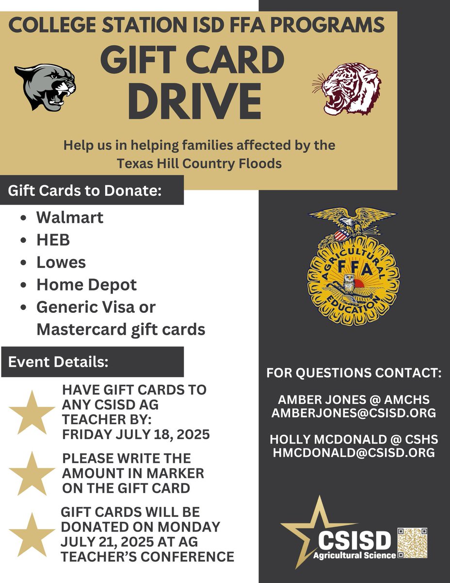 CSISD Career & Technical Education (@csisdcte) on Twitter photo <a href="/CSISD/">College Station ISD</a> FFA clubs are teaming up to collect gift cards to send to families affected by the Hill Country flooding. See the graphic for details on how to donate! <a href="/CSISD/">College Station ISD</a> FFA clubs are teaming up to collect gift cards to send to families affected by the Hill Country flooding. See the graphic for details on how to donate!