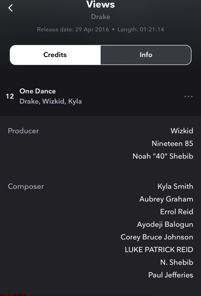 WizkidtheLegend's tweet photo. E shock you? Over here, I don't speak other language apart from facts. Wizkid is the most credited artist in One Dance. For the record. 
1. Producer 2. Composer. 3. Lyricist 4. Co-Producer 5. Featured Artist. 
Give me contrary receipts pls. No explanation needed 🤞🏿 https://t.co/tZ8MHXM2ns