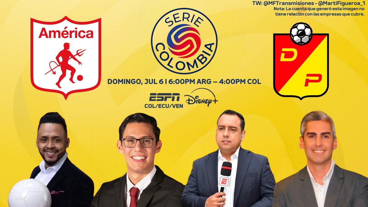 (🚨 EN VIVO)
☀️ Serie Colombia (<a href="/SerieRdeLP/">Serie Río de la Plata</a>) 2025

<a href="/AmericadeCali/">América de Cali</a> 😈 - <a href="/DeporPereiraFC/">Deportivo Pereira 🐺</a> ❤️💛

Relator: <a href="/ruizmadachi92/">Osvaldo Ruiz Madachi (RM92)</a>
Comentarista: <a href="/JulianCaperaB/">Julián Capera</a>
Campo de Juego: <a href="/IMsancarlos/">CARLOS SANTOFIMIO</a> y <a href="/PonchoMorales85/">Alfonso Morales Movilla</a>

📺: <a href="/espn/">ESPN</a> 🇨🇴🇪🇨🇻🇪
💻📱: <a href="/DisneyPlus/">Disney+</a> (<a href="/disneyplusla/">Disney+ Latinoamérica</a>)

📱 ¡Síguenos!
