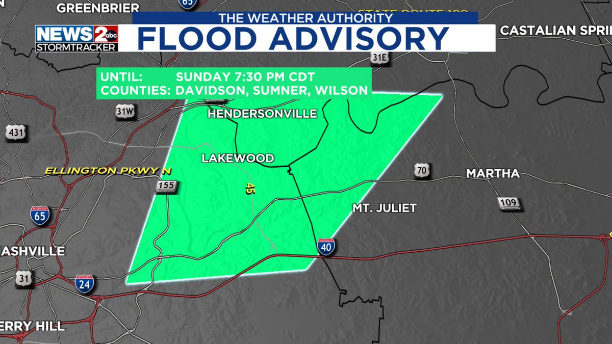 WEATHER ALERT: Flood Advisory for the area in green. Stay tuned to #wkrn. Interactive Radar - wkrn.com/radar?utm_medi… #WeatherAuthority