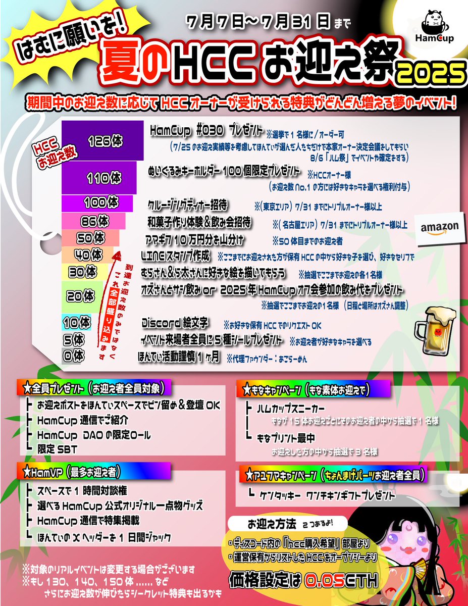 【大告知】

✨夏のHCCお迎え祭 2025✨

＆ 新キャラ「もな」爆誕記念✨

🔹7/7〜7/31

お迎えごとに豪華すぎる特典が盛り盛りに......

正直、売上以上の資金が必要になるそうなものも......

七夕なので、そんなの関係ねぇ！
ことしも身銭切って全力で願いを叶えにww