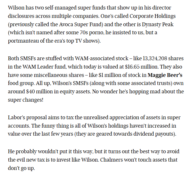 Veteran Geoff Wilson, the most aggressive campaigner against Labor's new super tax, has two self-managed funds and associated trusts with more than $40m in assets. Although he has one way to avoid getting hit.

Today's column: