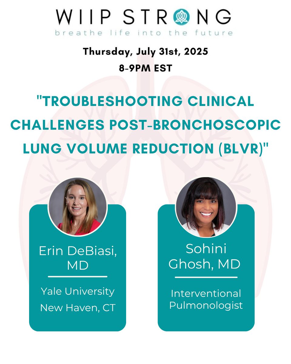 WiIPStrong (@wiip_womeninip) on Twitter photo Join us for WiIP’s next webinar! Come learn from Erin DeBiasi, MD and Sohini Ghosh, MD as they speak to us on “Troubleshooting Clinical Challenges Post-Bronchoscopic Lung Volume Reduction (BLVR)”!
đź“… Date: July 31, 2025
đź•’ Time: 8-9pm EST
💻 Register now: wiipstrong.org/wiip-webinar-7… Join us for WiIP’s next webinar! Come learn from Erin DeBiasi, MD and Sohini Ghosh, MD as they speak to us on “Troubleshooting Clinical Challenges Post-Bronchoscopic Lung Volume Reduction (BLVR)”!
đź“… Date: July 31, 2025
đź•’ Time: 8-9pm EST
💻 Register now: wiipstrong.org/wiip-webinar-7…