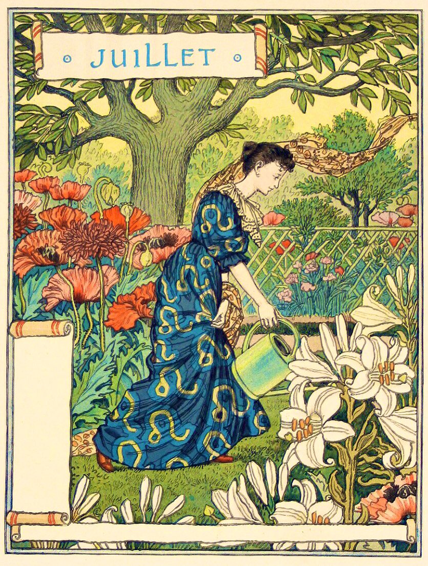 It’s early July and Grasset’s calendar lady offers her flowers nourishment. 
#MythologyMonday #FairyTaleTuesday 
#artnouveau 1896