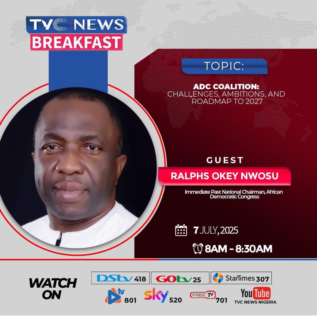 ADCNig's tweet image. TOMORROW MORNING on TVC News | 8:00–8:30 AM
Join the Former Chairman of the African Democratic Congress (ADC) LIVE as he addresses the nation on:
Nigeria’s current challenges
A national vision for transformation
The roadmap towards 2027 and beyond
This isn’t about one…