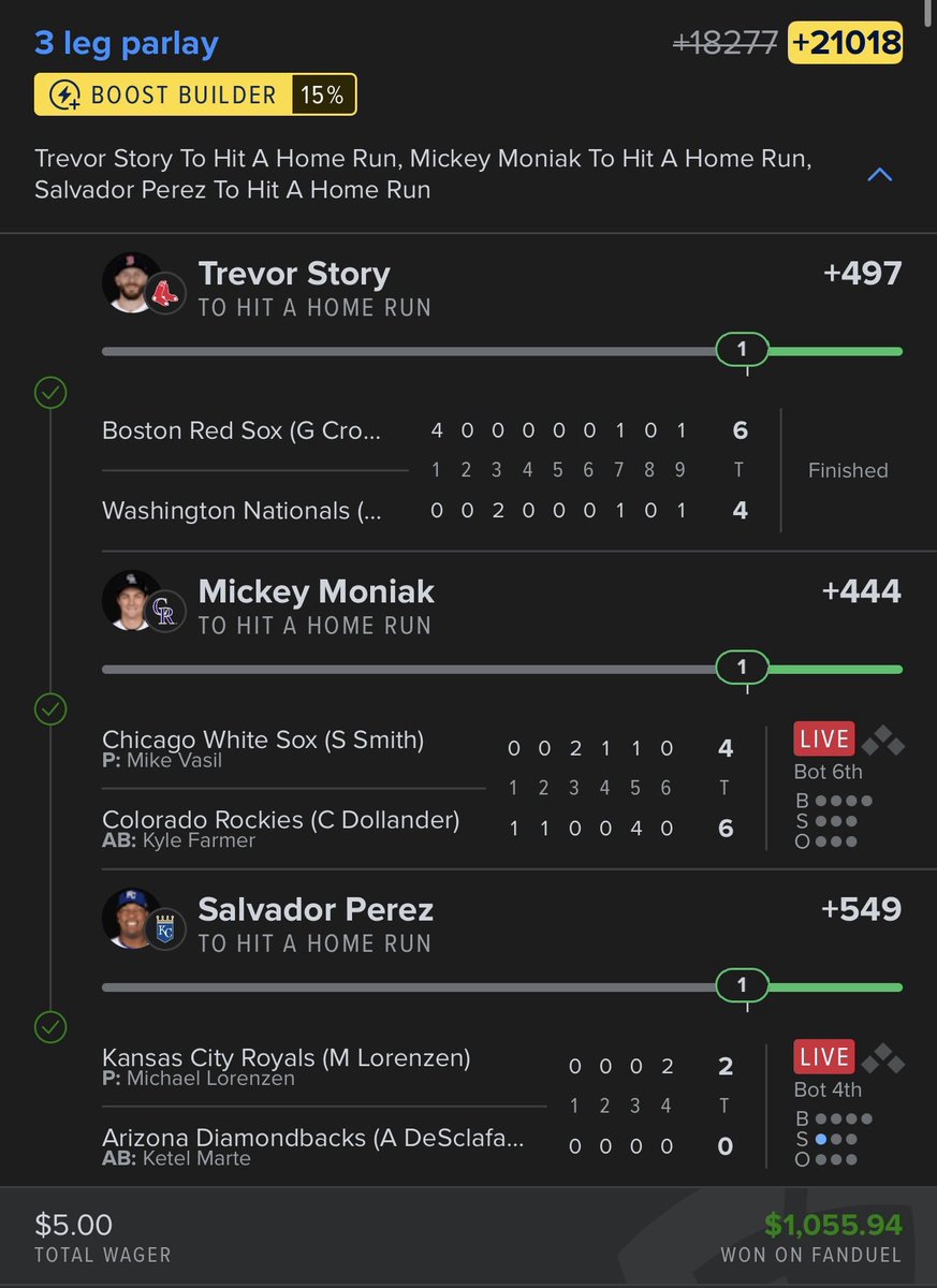 MY HOME RUN MODEL HAS ALREADY CASHED FOUR PLAYERS TODAY 🔥🔥🔥

One of my Bet Club members used it to turn $5 into $1,000…

✅ Aaron Judge @ +170
✅ Mickey Moniak @ +420
✅ Trevor Story @ +470
✅ Salvador Perez @ +520

It has ONE player projected to hit a Home Run in tonight’s