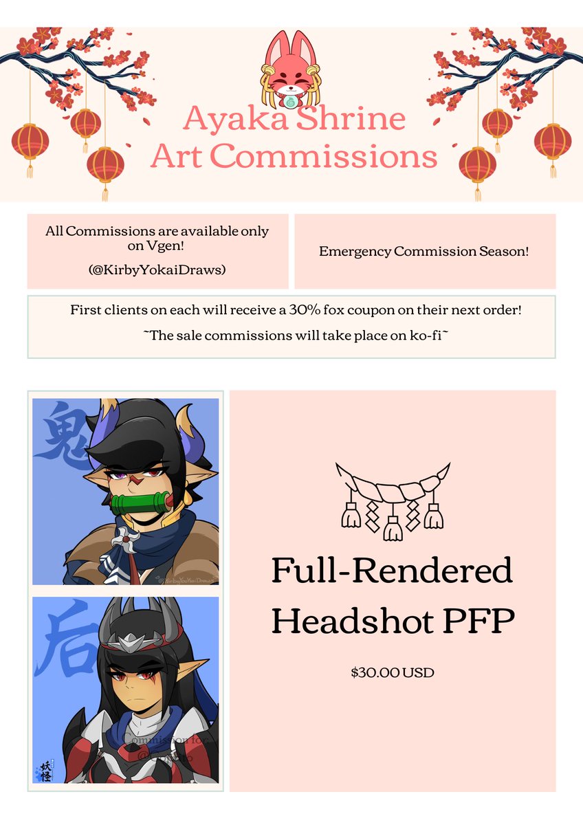 KirbyYokaiVT's tweet image. ✧˖° The Ayaka Shrine Art Commissions are OPEN! °˖✧
Doing emergency services for IRL and portfolio reasons! So, I'm doing a sale for my first two clients on each!
(🌸Sale Commz. takes place via KoFi🌸)
Any type of support will help! DM me here or on Vgen if you have questions!