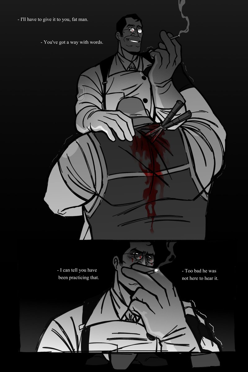 dailyheavymedic's tweet image. day 116 #TF2
cw: blood, cigarette burns