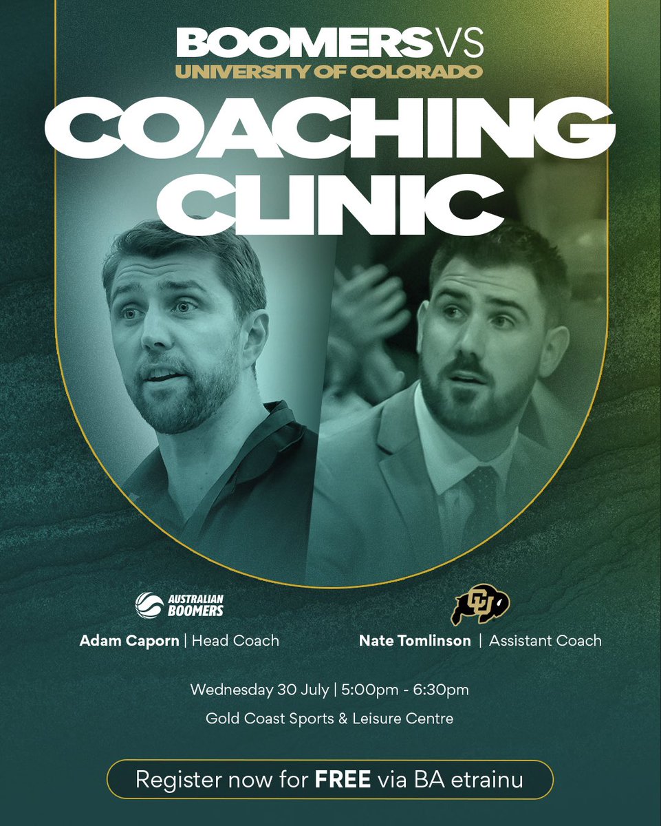 Basketball Australia Coaches (@bballau_coaches) on Twitter photo Opportunity for all Coaches in Queensland to learn from our new Boomers Coach <a href="/AdamCaporn/">Adam Caporn</a> and Australia’s own Nate Tomlinson the Assistant Coach of the visiting @cubuffsmbb side.
The session is free but spots are limited, register through the Basketball Australia LMS EtrainU Opportunity for all Coaches in Queensland to learn from our new Boomers Coach <a href="/AdamCaporn/">Adam Caporn</a> and Australia’s own Nate Tomlinson the Assistant Coach of the visiting @cubuffsmbb side.
The session is free but spots are limited, register through the Basketball Australia LMS EtrainU