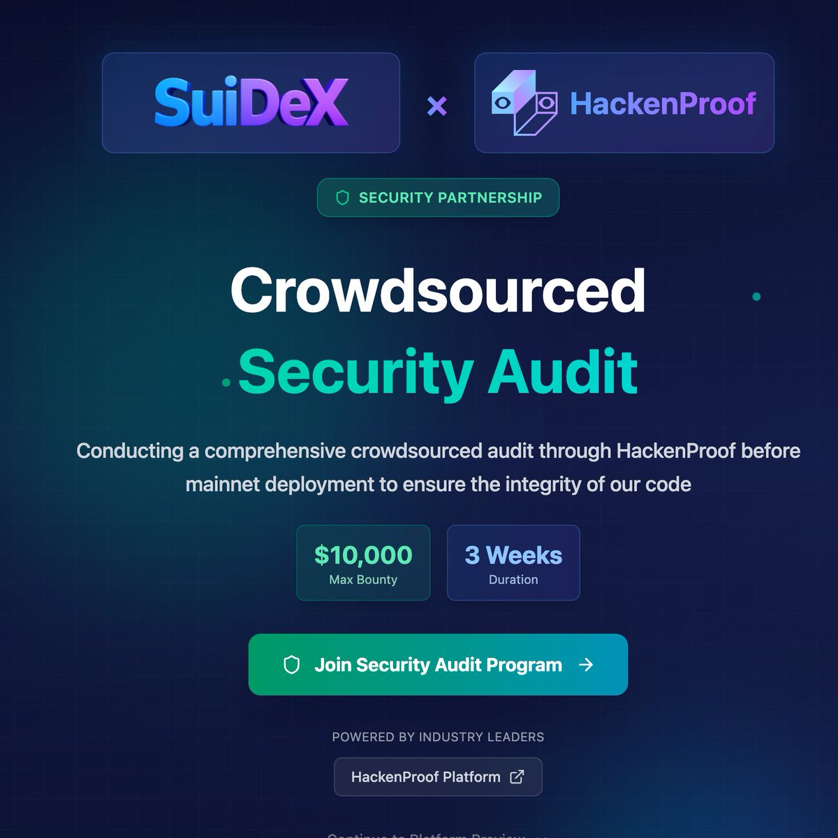 SuiDex (@suidexhq) on Twitter photo We have updated suidex.org and our docs with details on our Security Partnership with <a href="/HackenProof/">HackenProof</a>
Today we will kick-off our $10,000 Audit Competition! Are you ready to battle test SuiDex?
Official Links are coming and a live X space will be scheduled by us to go We have updated suidex.org and our docs with details on our Security Partnership with <a href="/HackenProof/">HackenProof</a>
Today we will kick-off our $10,000 Audit Competition! Are you ready to battle test SuiDex?
Official Links are coming and a live X space will be scheduled by us to go