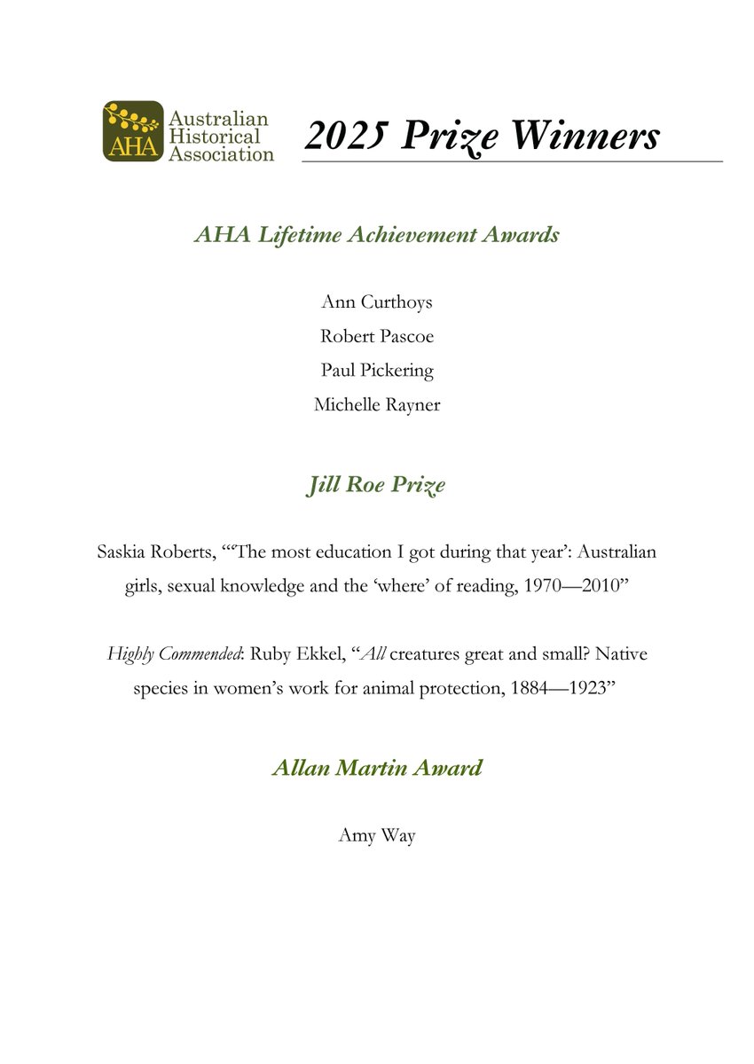AustHistAssoc's tweet image. Congratulations to our 2025 Prize Winners, announced last week at the AHA conference in Townsville!
