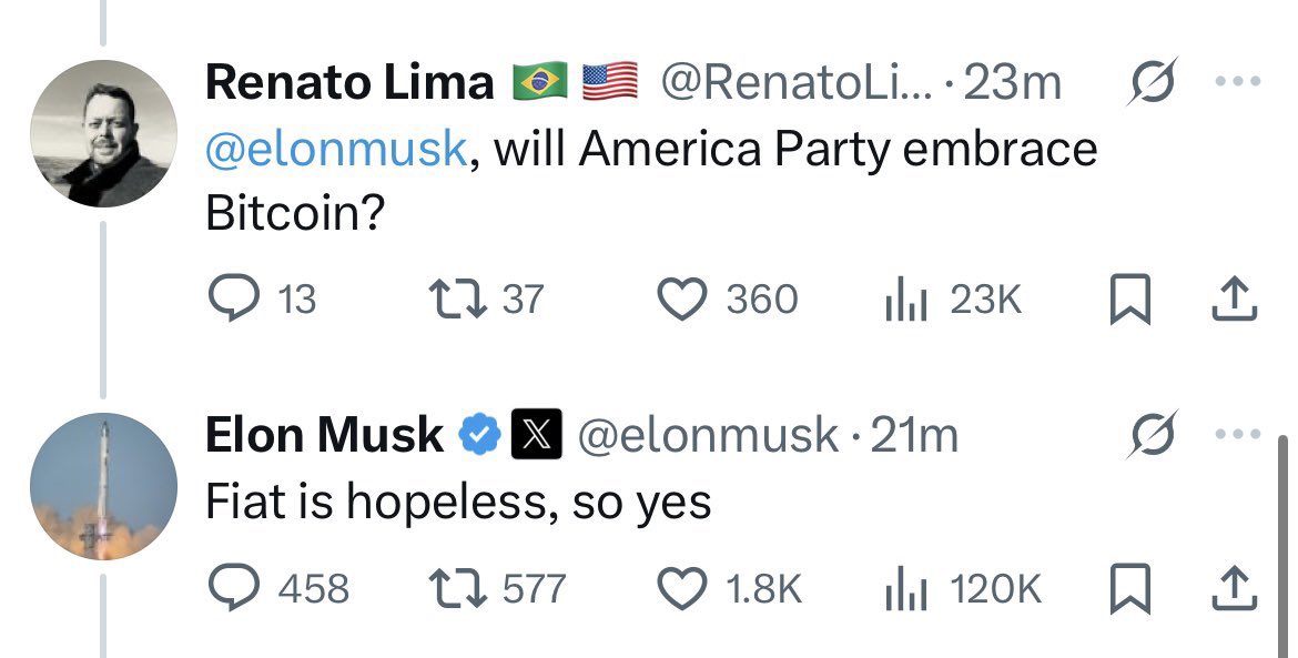 Musk:  America Party will embrace Bitcoin.