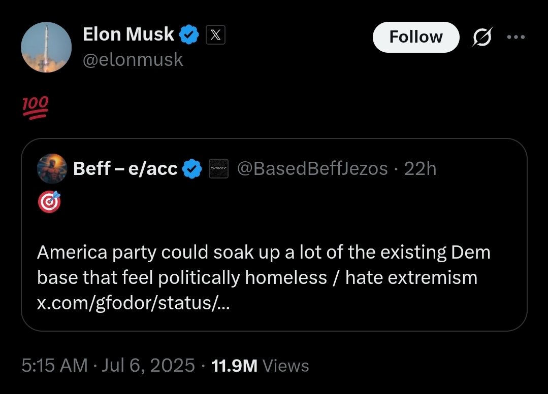 Musk lança seu próprio partido e aparentemente parece acreditar que, depois de tudo que fez, ele vai conseguir atrair eleitores democratas desiludidos... 😂
Esse pessoal é completamente desconectado da realidade, não pode ser...