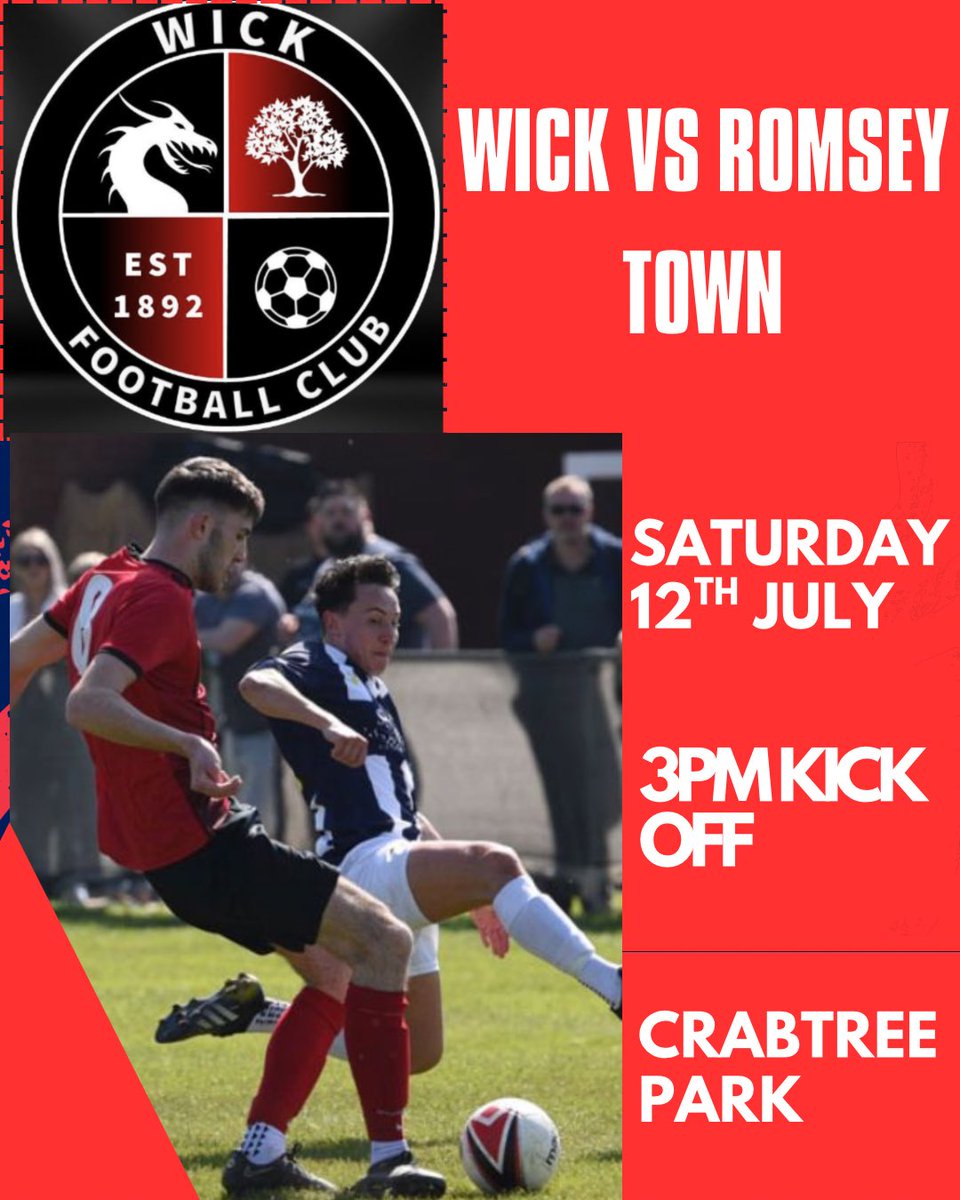 Wick Football Club (@wick_club) on Twitter photo Our next pre season game is Saturday 12th July, when we welcome <a href="/Romseytownfc1/">Romsey Town Football Club</a> from the Wessex League to Crabtree Park ๐ฅ๐๐ฅ Our next pre season game is Saturday 12th July, when we welcome <a href="/Romseytownfc1/">Romsey Town Football Club</a> from the Wessex League to Crabtree Park ๐ฅ๐๐ฅ