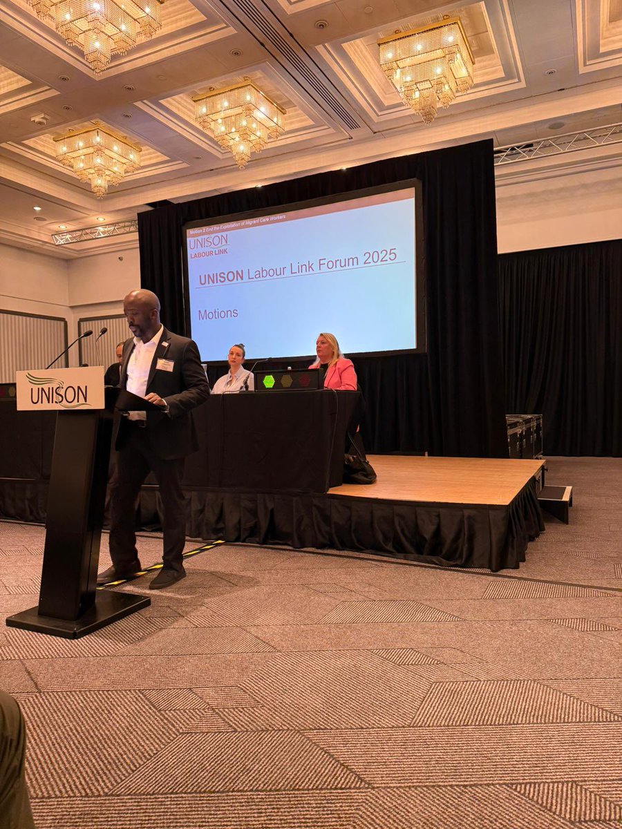 JoeOgundemuren's tweet photo. Repping @BlackUNISON at 2025 @unisontheunion #LabourLink Forum in Glasgow πποΈβπΏ
I spoke in support of the #UNISONCymru motion to End the Exploitation of Migrant Care Workers. Justice, dignity & fair pay should know no borders. π¦ΊβοΈ
#UNISONLabourLink #UNISON #MigrantCareWorkers