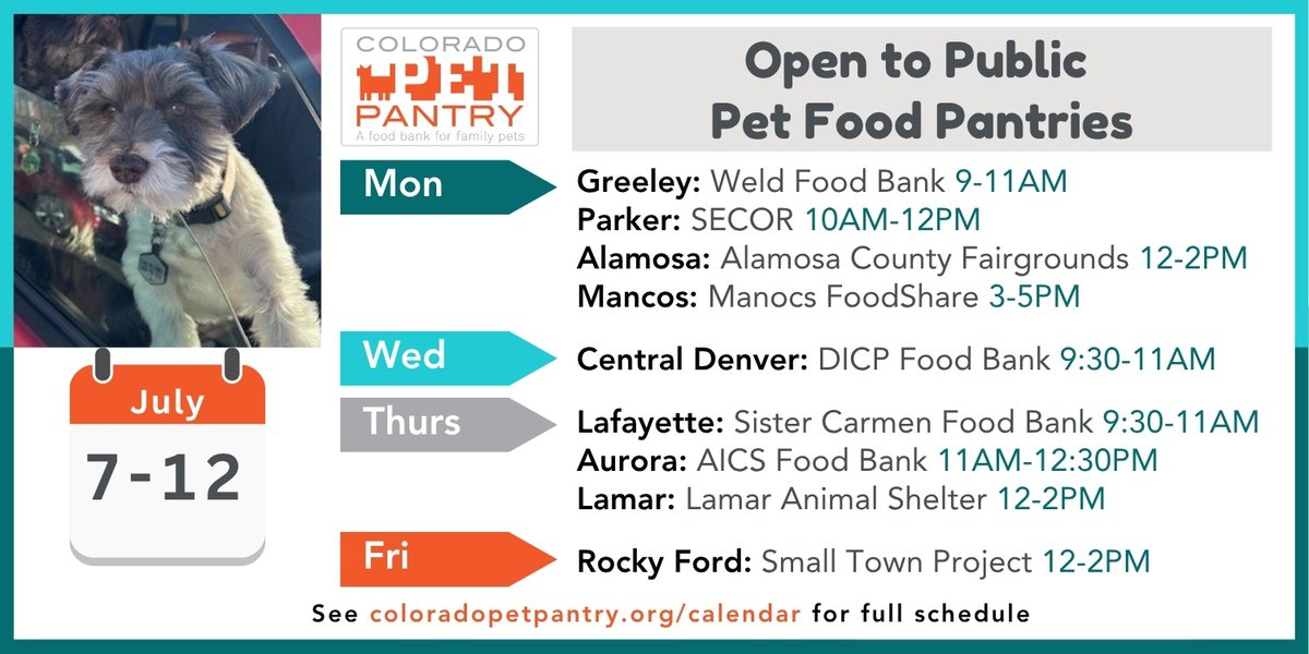 COpetpantry's tweet image. @WeldFoodBank, Greeley
SECOR, Parker
Alamosa with La Puente’s Food Bank &amp;amp; @humanecolorado
Mancos FoodShare, Mancos
@DenverInnerCity, Denver
Sister Carmen, Lafayette
@AICSFoodBank, Aurora
Lamar Food Bank, Lamar
Small Town Project, Rocky Ford

Calendar: coloradopetpantry.org/foodbank